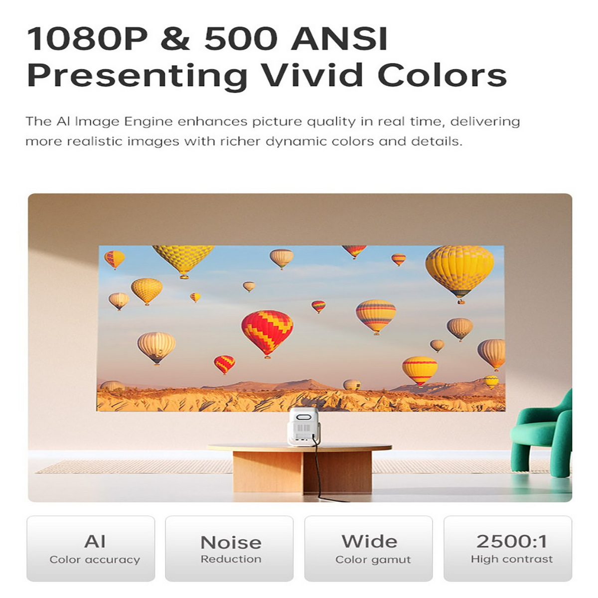 Ekran wyświetla scenę z balonami na ogrzane powietrze. Poniżej tekst podkreśla funkcje, takie jak dokładność kolorów i kontrast.