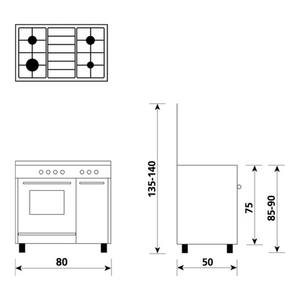 Diagramma di una cucina con dimensioni espresse in centimetri.