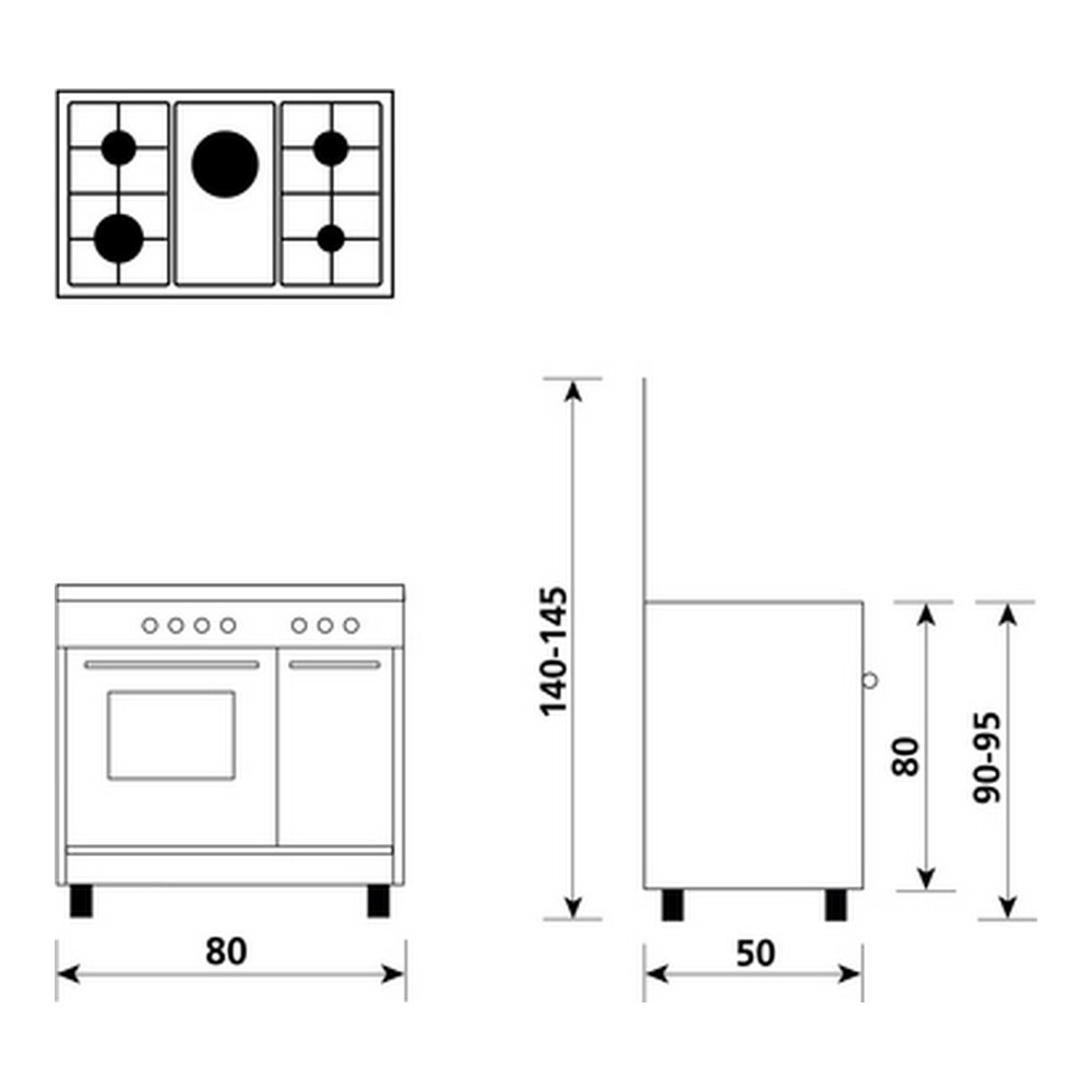 Disegno tecnico di un forno con piano cottura, mostra dimensioni e dettagli di design.