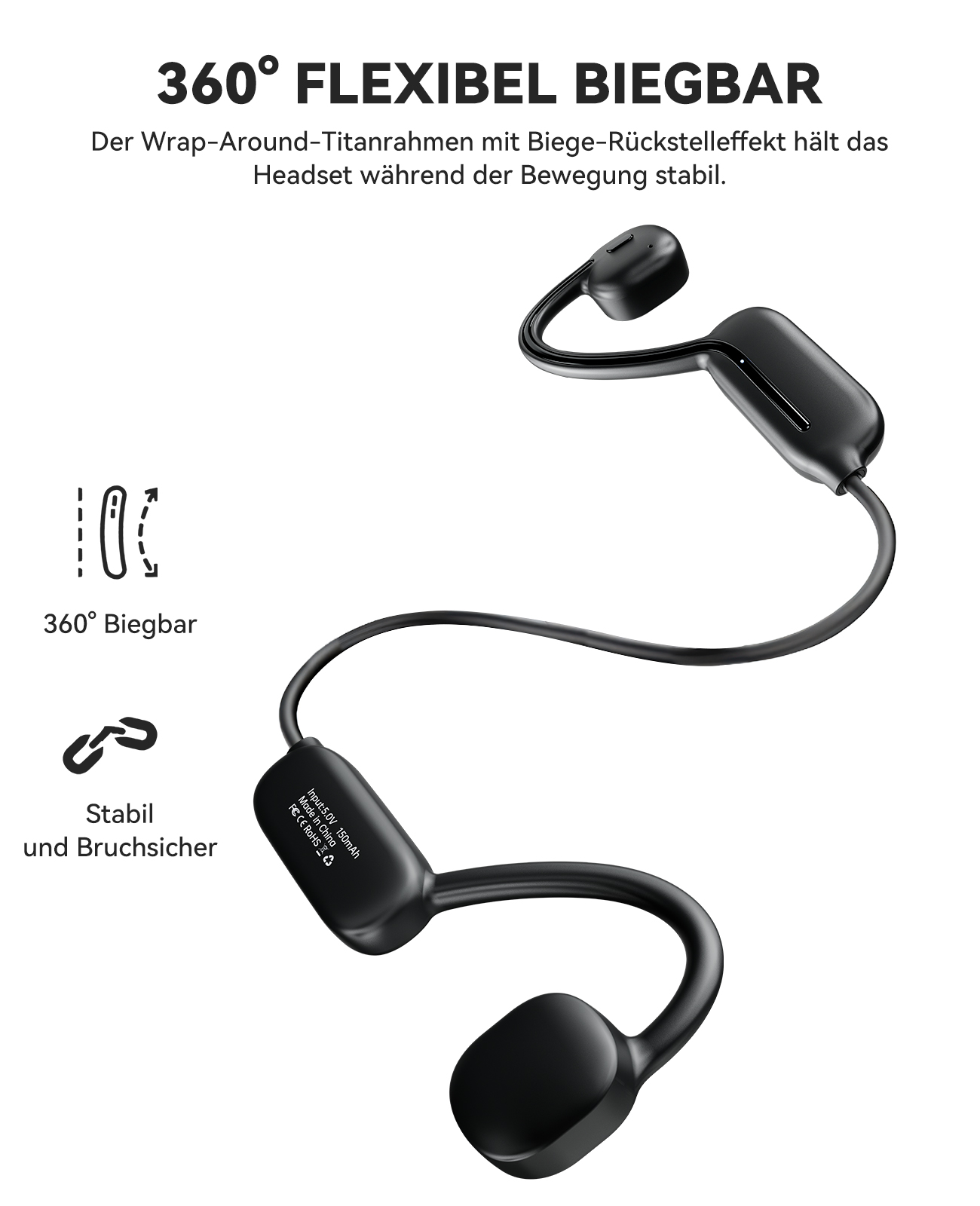 Schwarze, kabellose Knochenschallkopfhörer mit geschwungenem Design auf weißem Hintergrund.