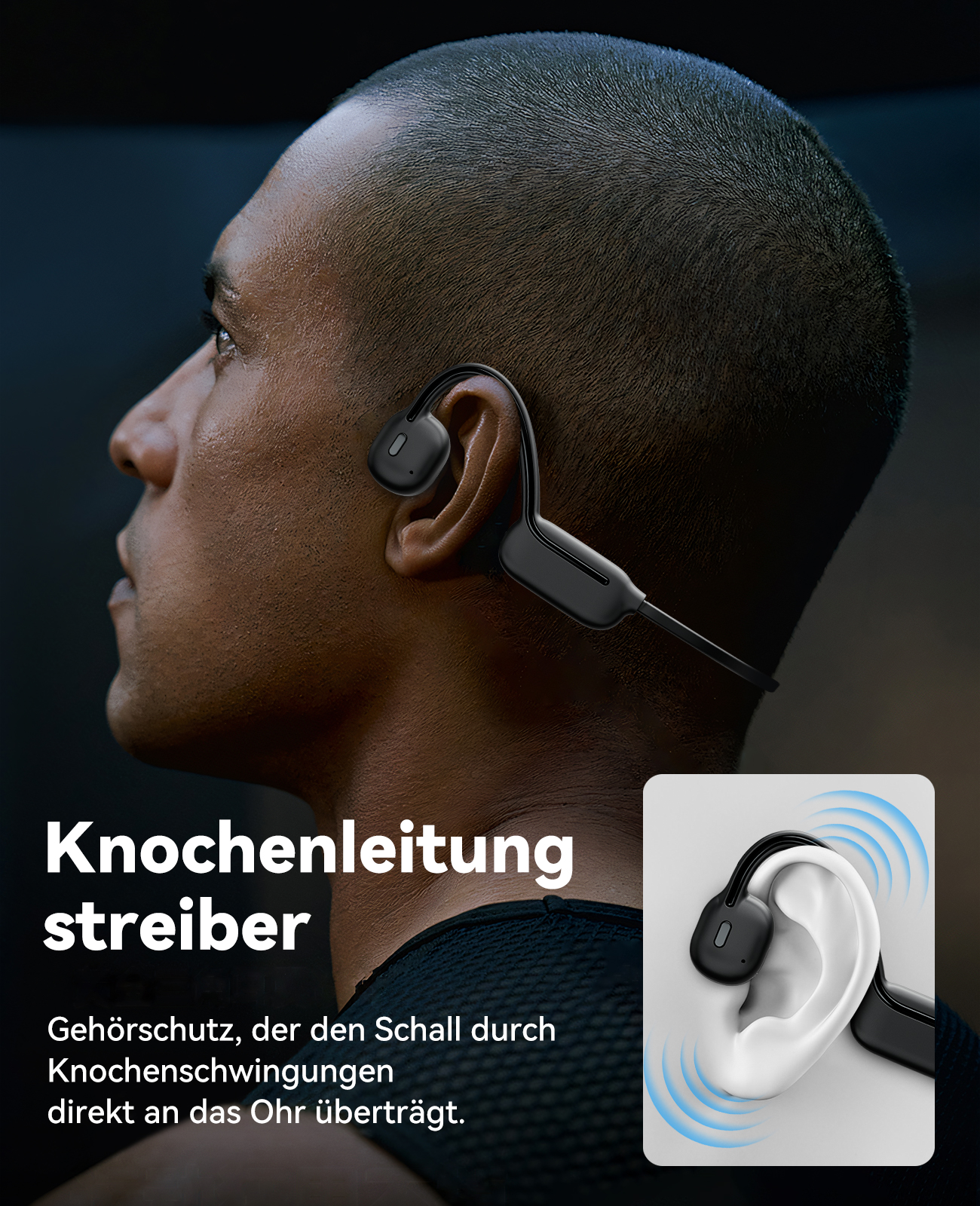 Mann mit Knochenleitungskopfhörern, schwarz, Kopf gedreht. Kleiner Einsatz zeigt das Ohr.