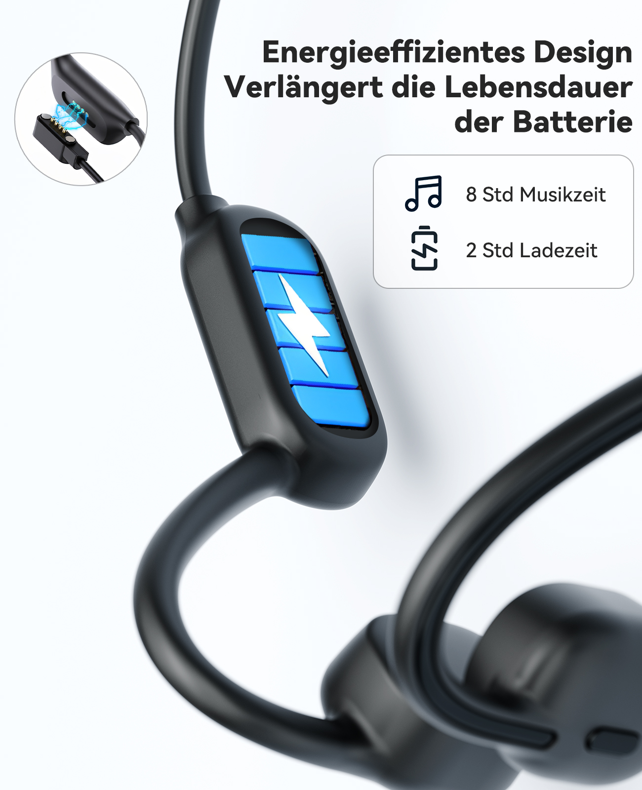 Schwarze und blaue Knochenschallkopfhörer mit Text zur Akkulaufzeit: 8 Stunden Musik, 2 Stunden Laden.
