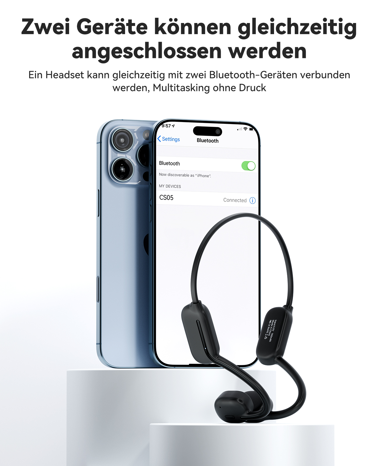 Telefon und Headset über Bluetooth verbunden. Text: Zwei Geräte können gleichzeitig verbunden werden.
