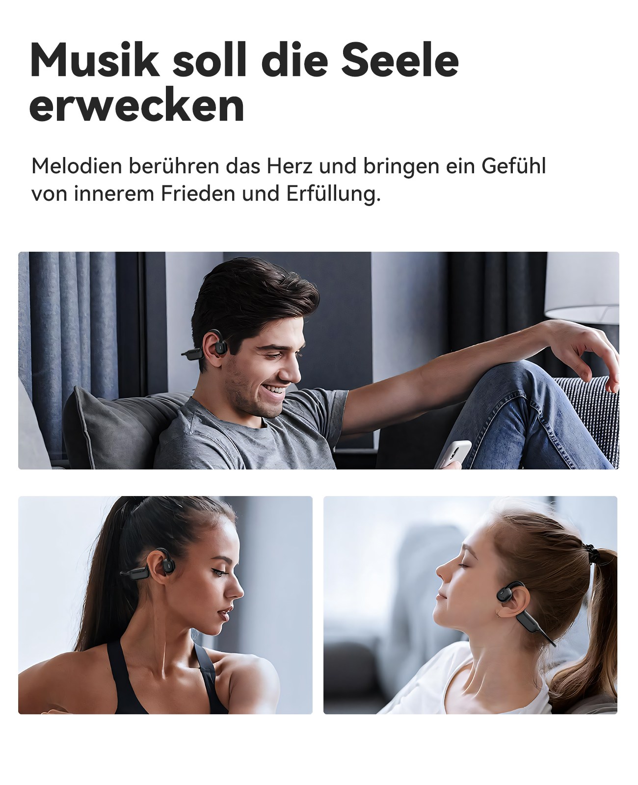 Drei Bilder von Menschen mit Kopfhörern. Die Leute lächeln. Hintergrund ist verschwommen.