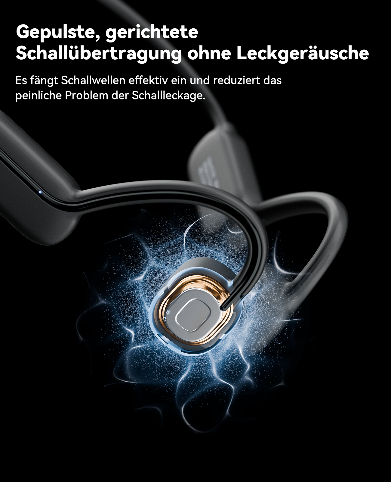 Schwarze Knochenschallkopfhörer mit blauem Energieeffekt, die die Schallübertragungstechnologie demonstrieren.