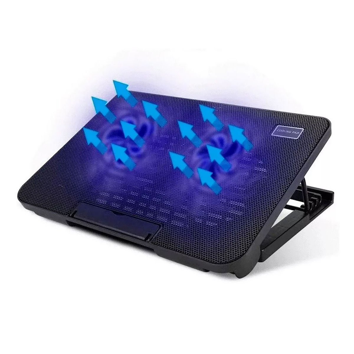 Ein schwarzes Laptop-Kühlpad mit blauen Pfeilen, die den Luftstrom anzeigen, und einer Netzoberfläche.