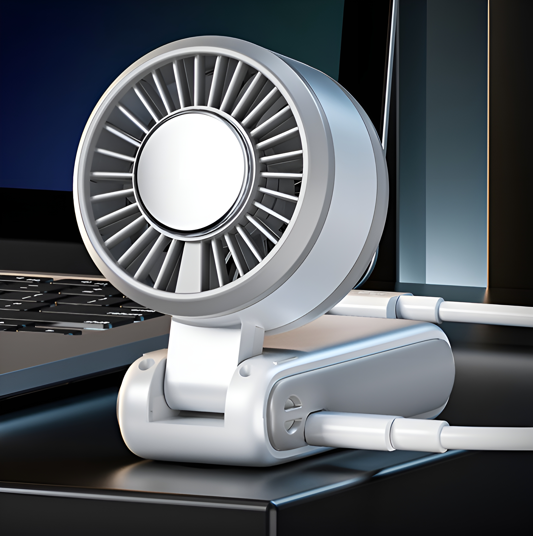 Ein weißer und silberner Ventilator mit einem Laptop im Hintergrund, verbunden über USB-Kabel.