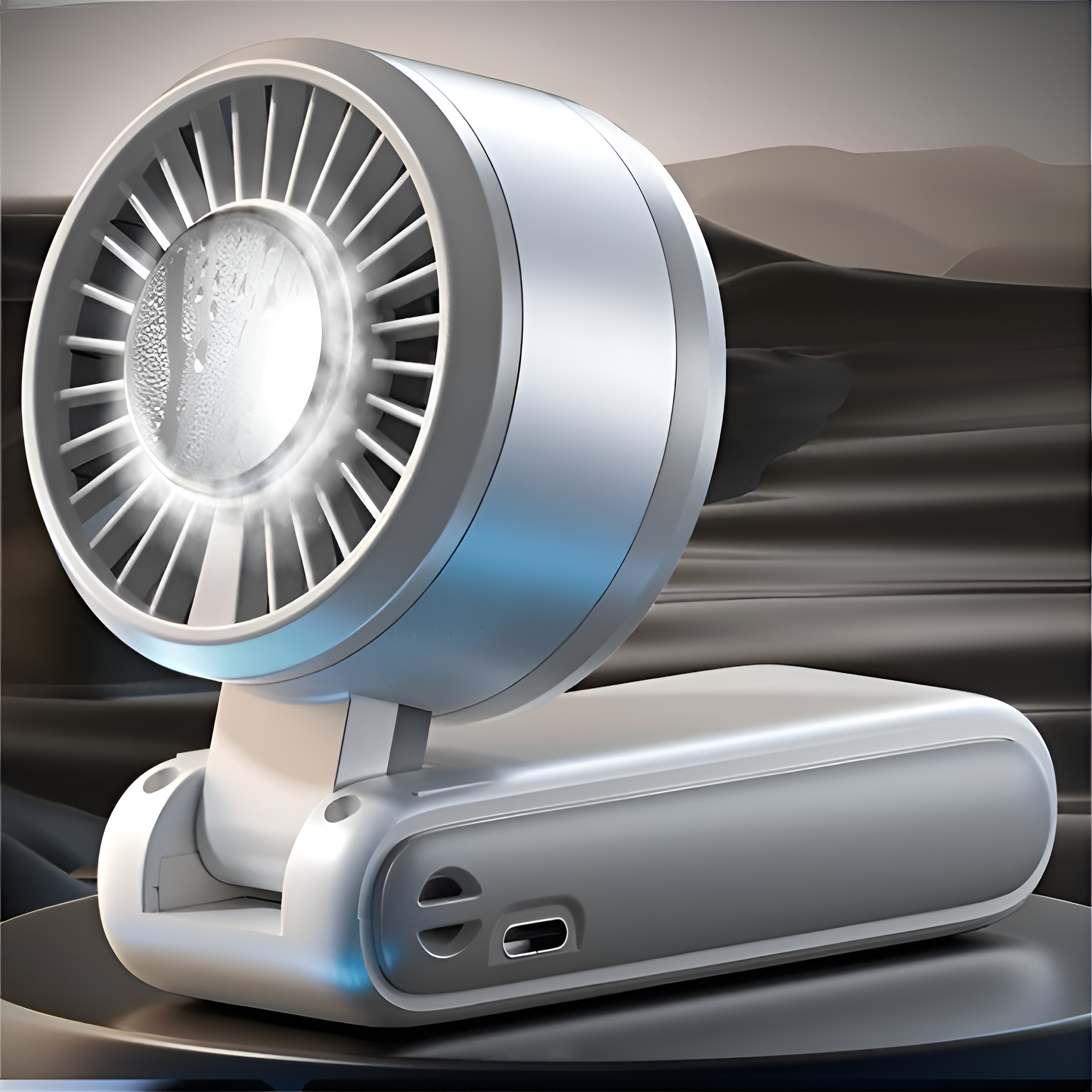 Ein tragbarer Ventilator in Silber und Weiß mit drehbarem Kopf, auf dunklem Hintergrund.