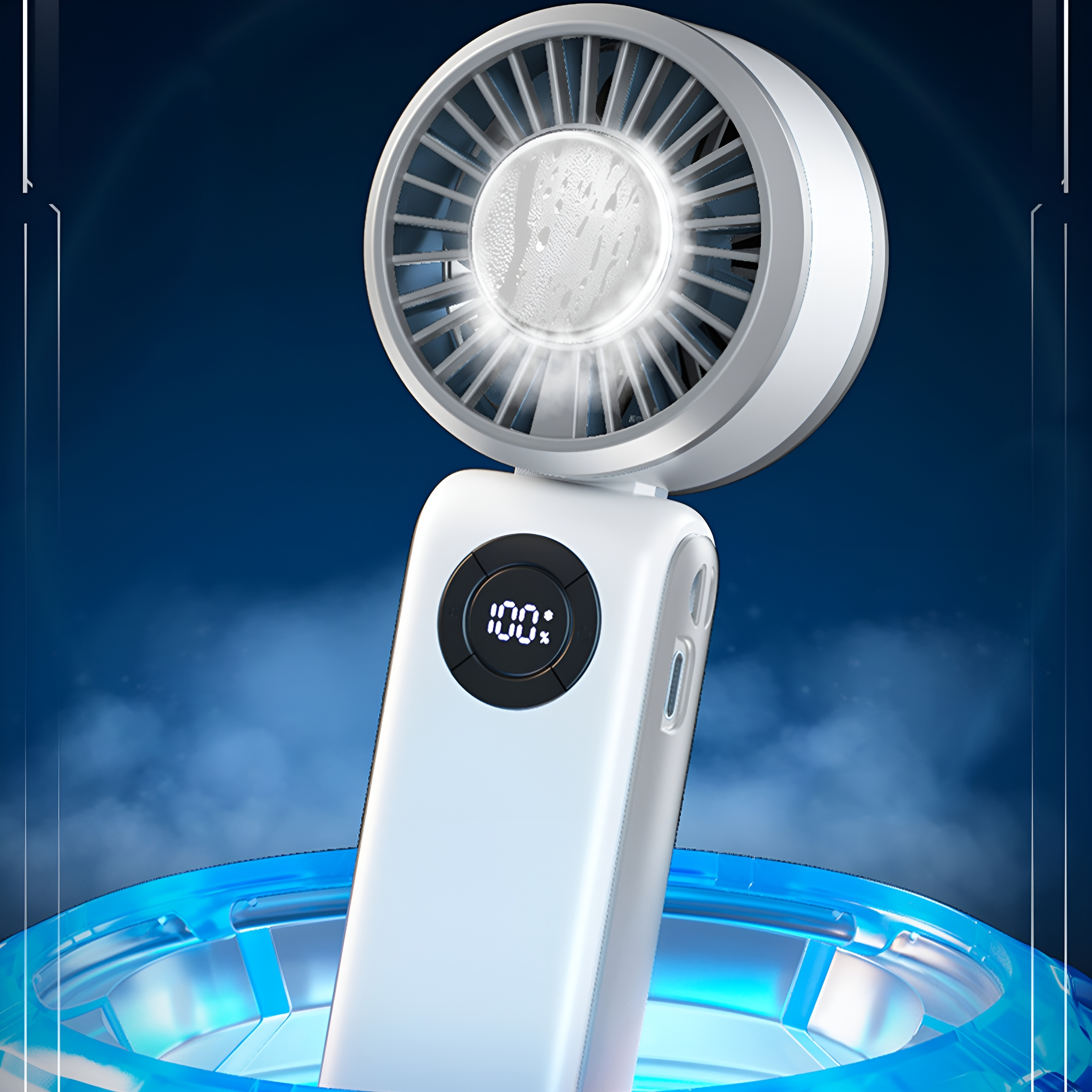 Ein weiß-silberner tragbarer Ventilator mit LCD-Anzeige, umgeben von einem blauen Halo.