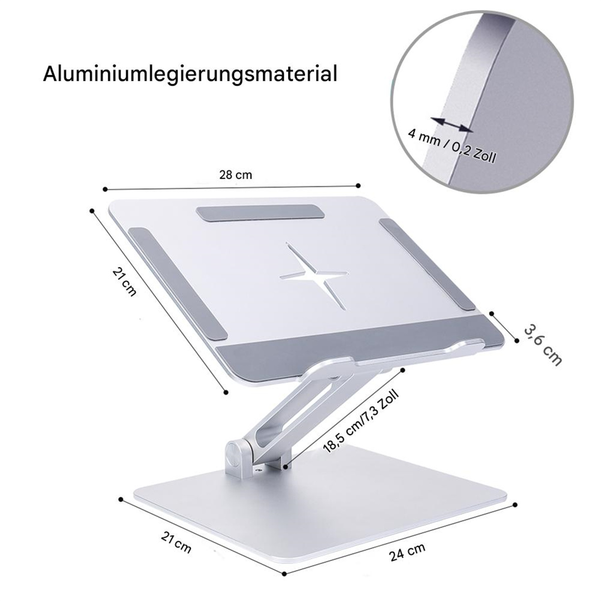 Silberner Laptop-Ständer mit Messungen und Abmessungen. Er ist weiß mit grauen Akzenten.