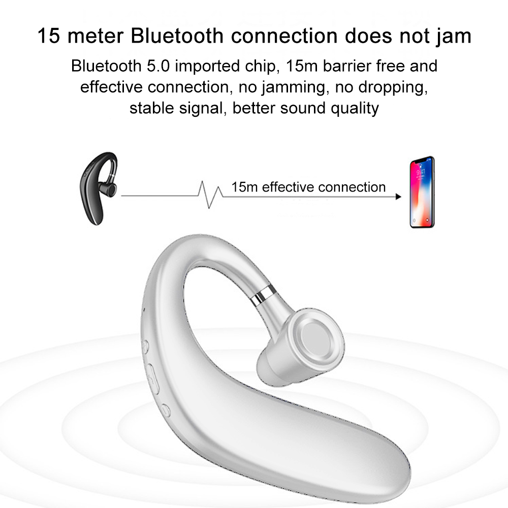 Ein silberner Bluetooth-Kopfhörer mit einem schwarzen links, verbunden mit einem Telefon durch eine Wellenlinie.