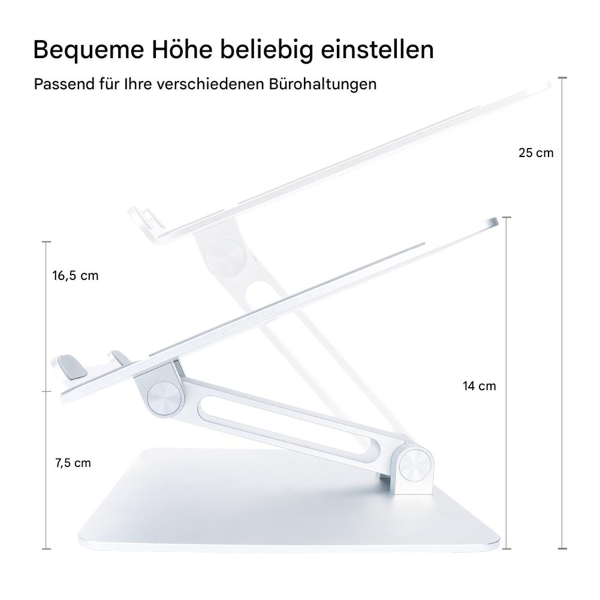 Verstellbarer silberner Laptop-Ständer. Es ist ein multiwinkelverstellbarer Ständer.