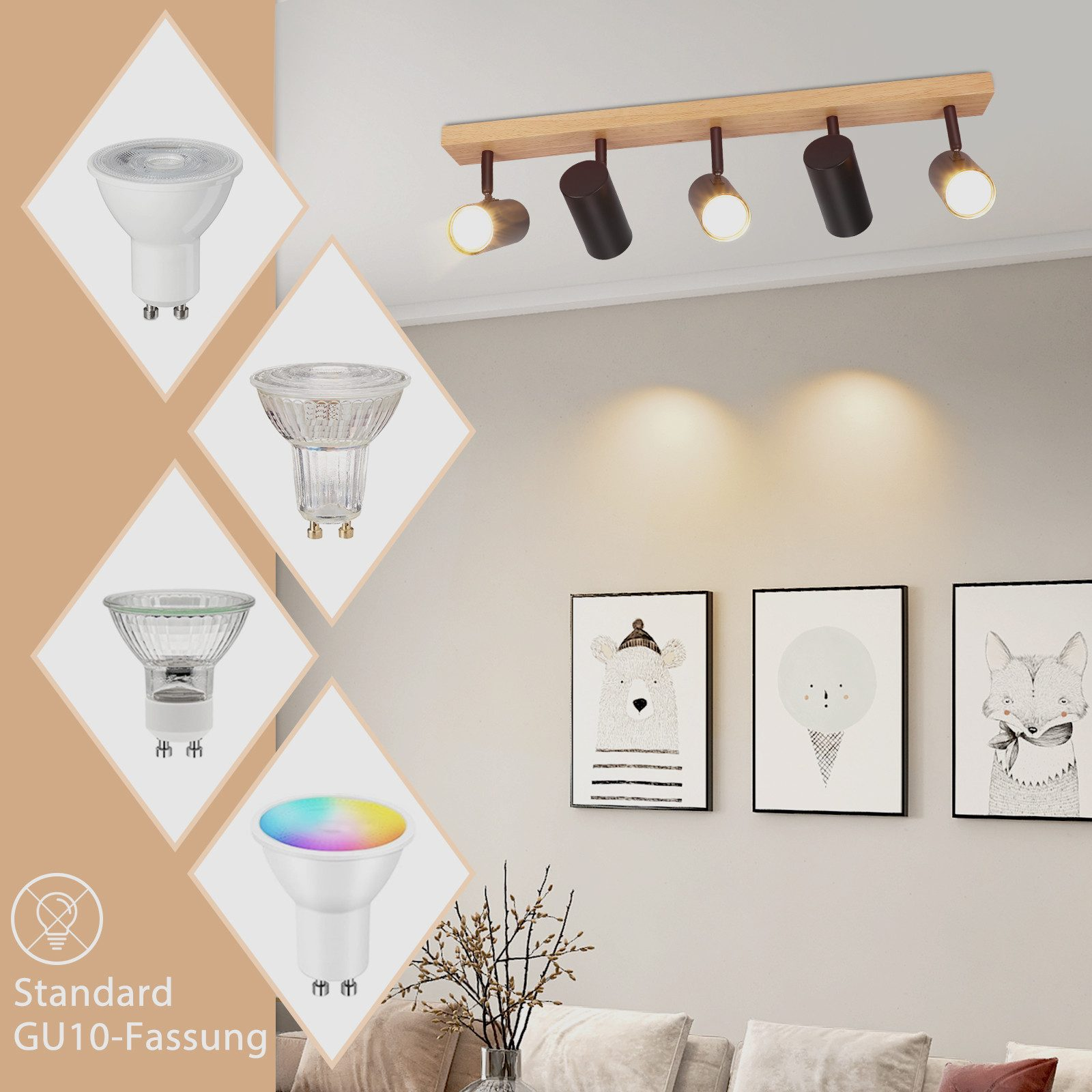 Trave in legno con faretti neri e diversi stili di lampadine.