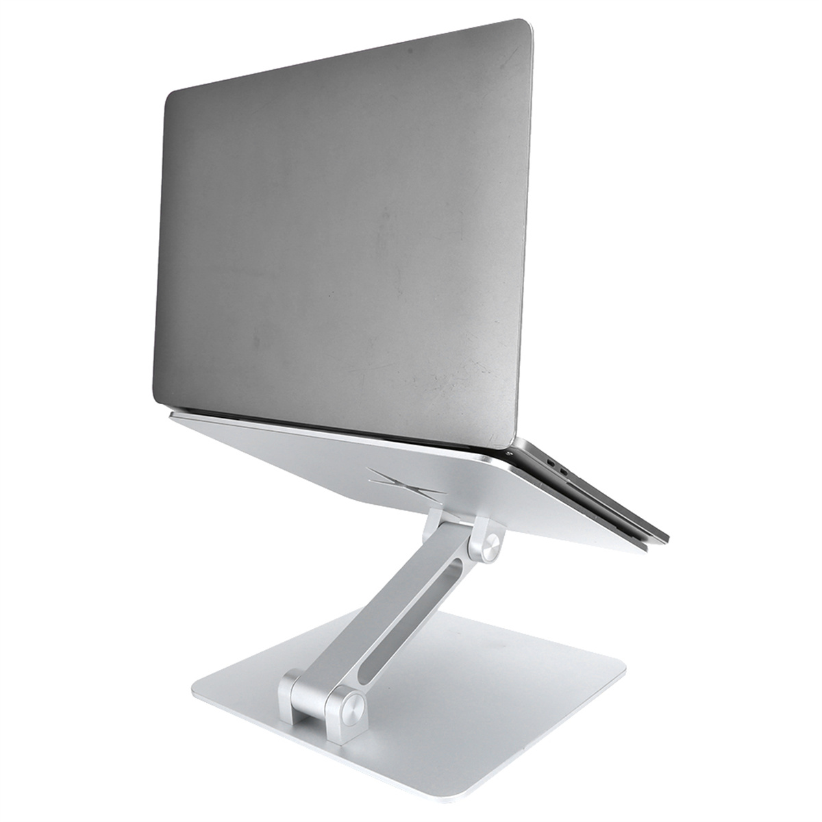 Ein silberner Laptop auf einem Ständer mit Sockel und verstellbarem Arm.