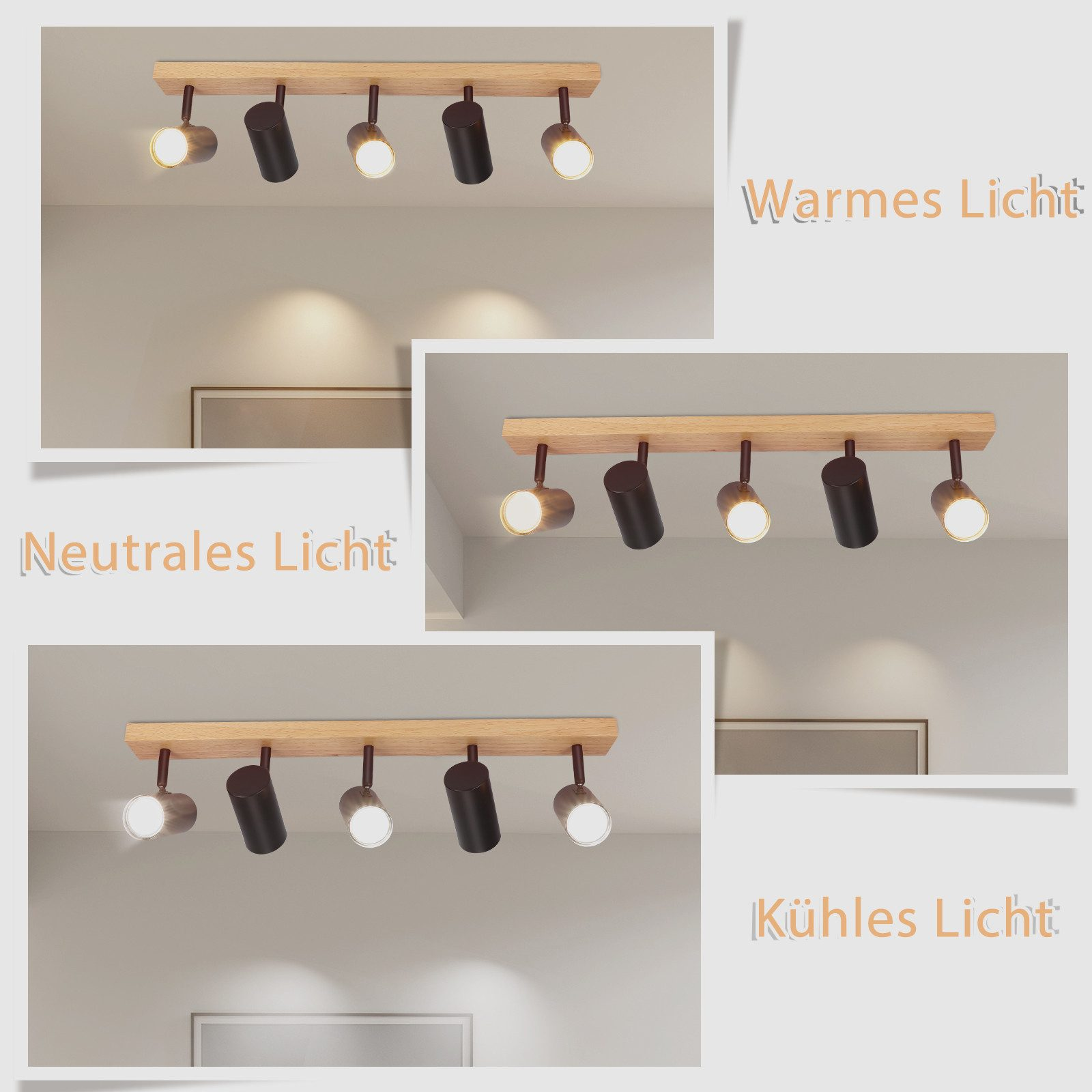 Tre immagini di apparecchi di illuminazione a binario con diverse temperature colore.