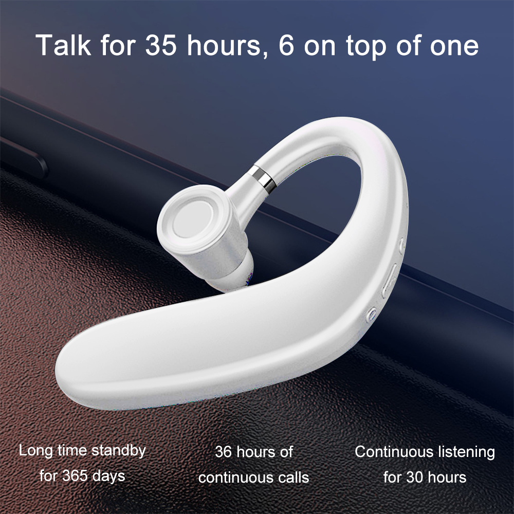 Weißes drahtloses Headset mit geschwungenem Design und Text über seine Funktionen.