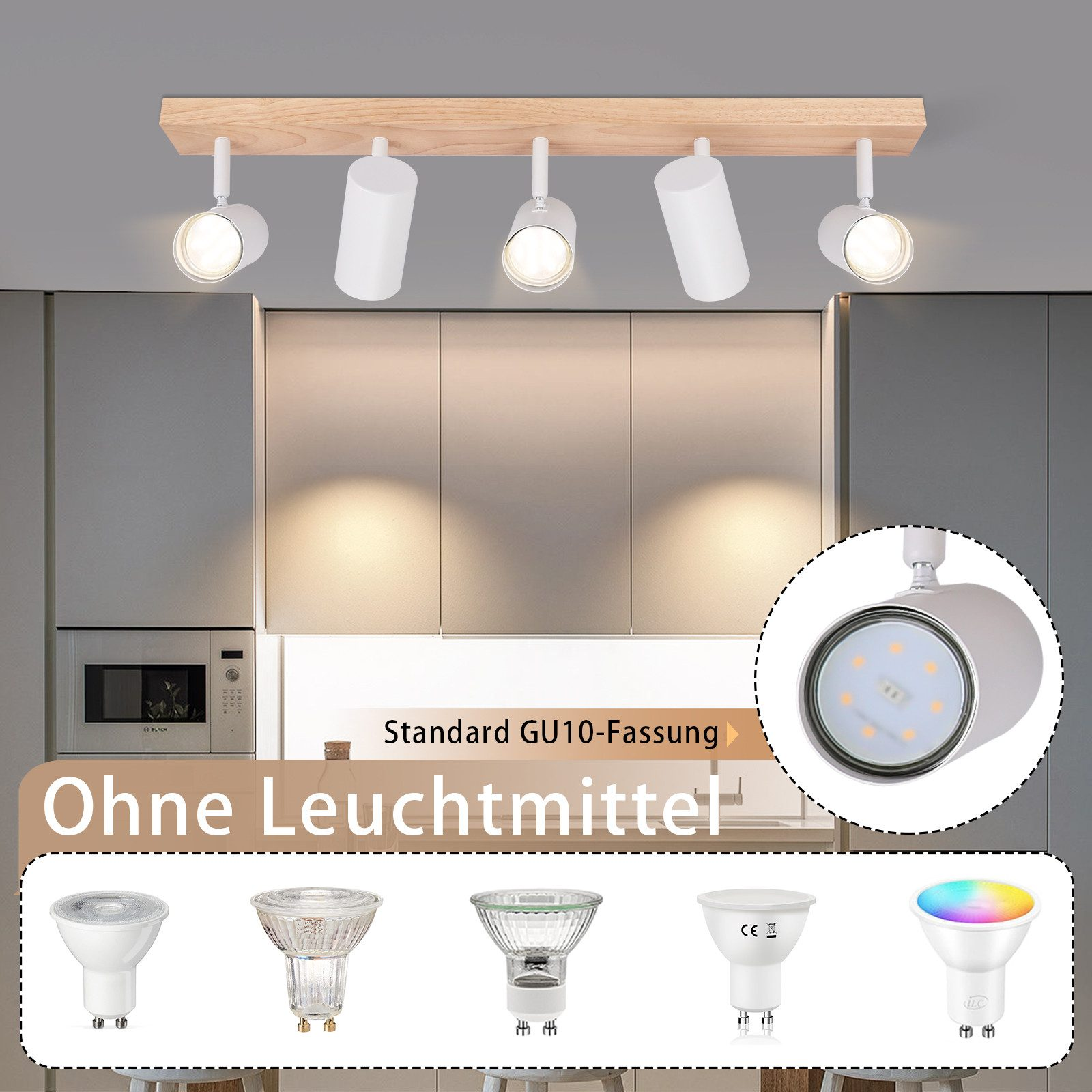 Faretti bianchi su legno. Le luci sono in un ambiente cucina, con lampadine aggiuntive sotto.