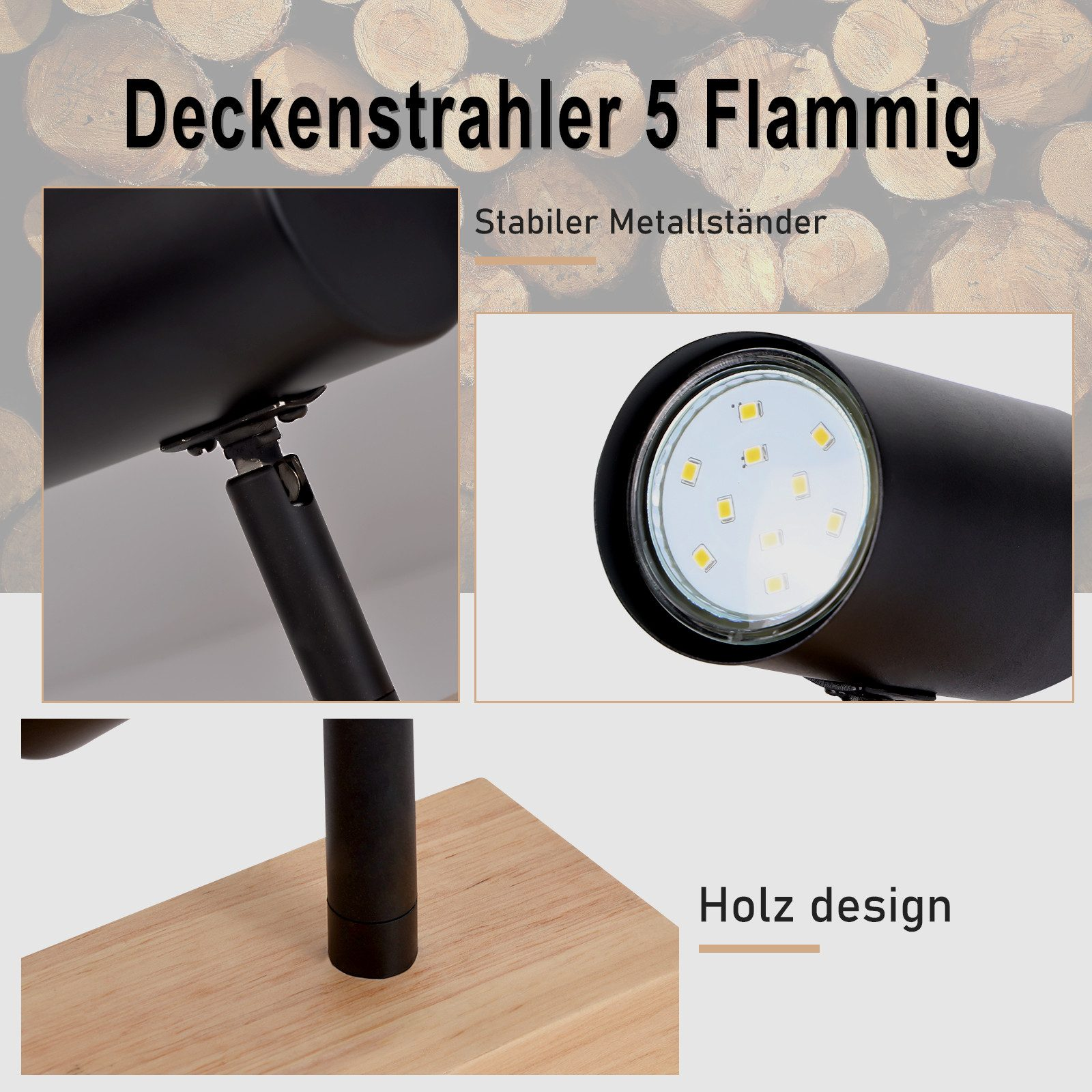 Faretto da soffitto nero con base in legno, dettagli luce.