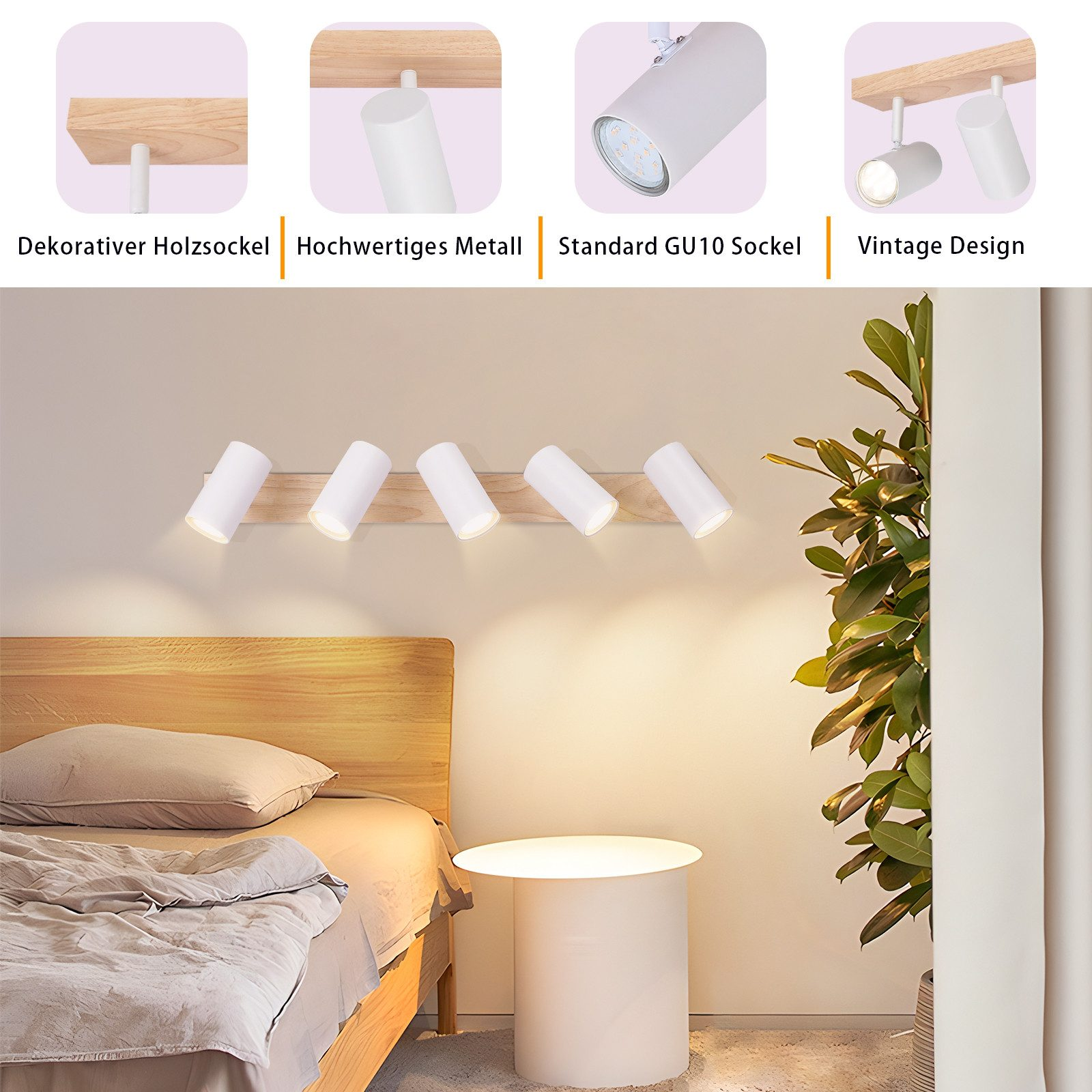 Scena della camera da letto con letto in legno e tavolo bianco. Faretti bianchi montati sulla parete sopra il letto.
