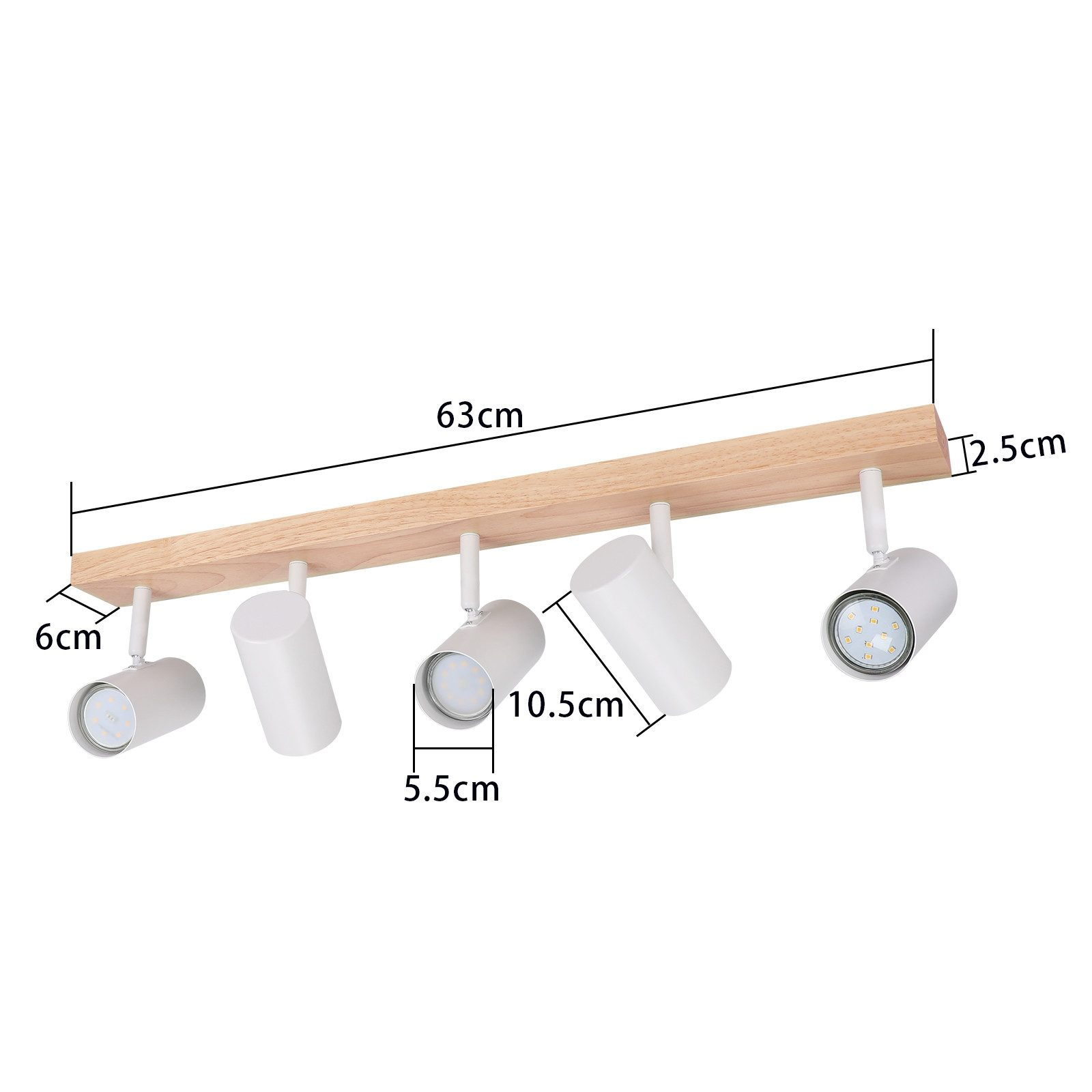 Cinque faretti bianchi su una trave di legno. Le dimensioni sono indicate in centimetri.