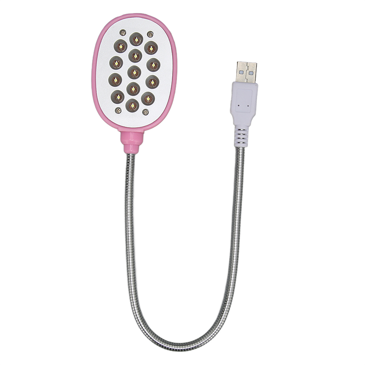 Rosa USB-LED-Leuchte mit flexiblem Arm und mehreren LEDs, verbunden mit einem weißen USB-Stecker.