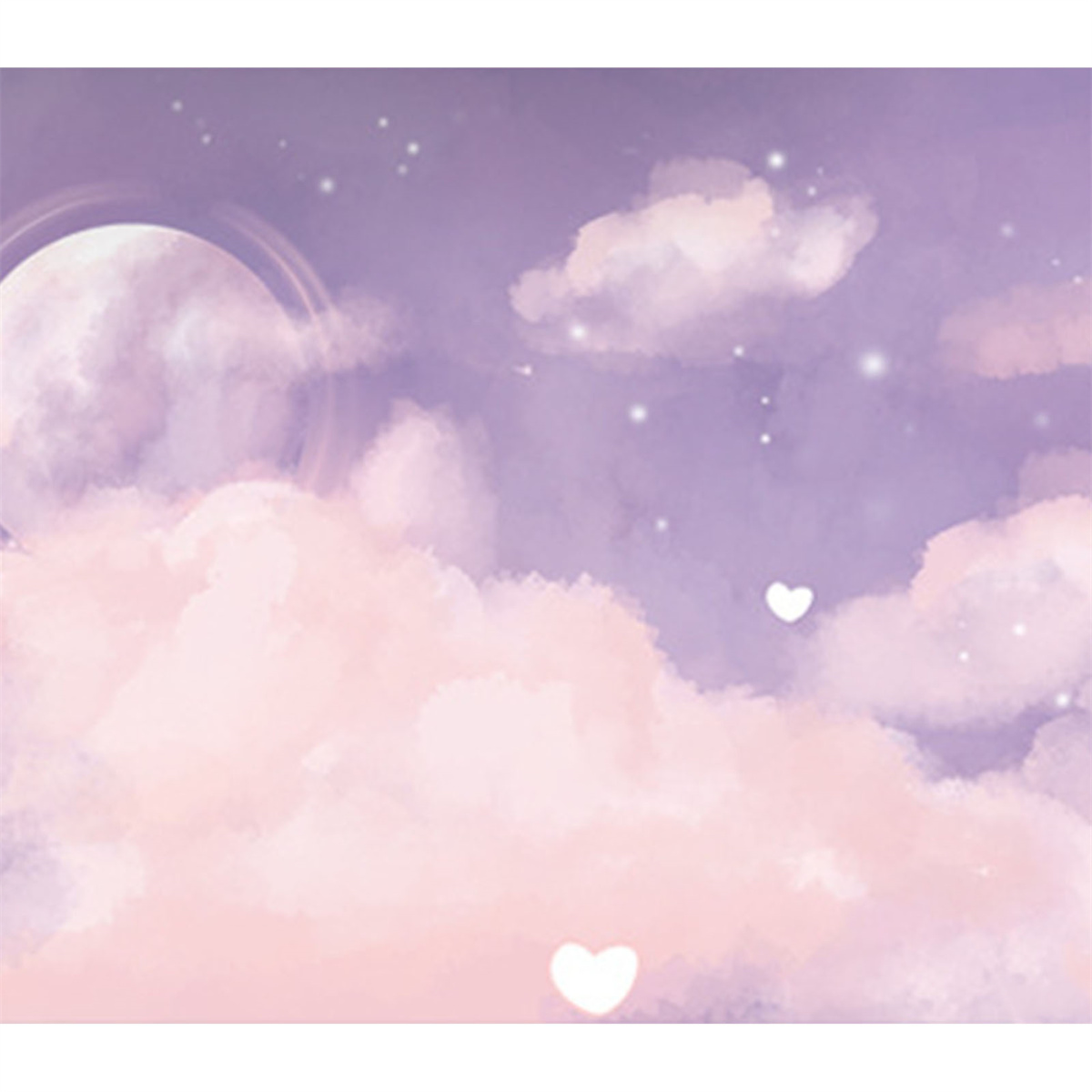 Eine verträumte, aquarellartige Illustration eines Nachthimmels mit Wolken, Mond und Herzen.