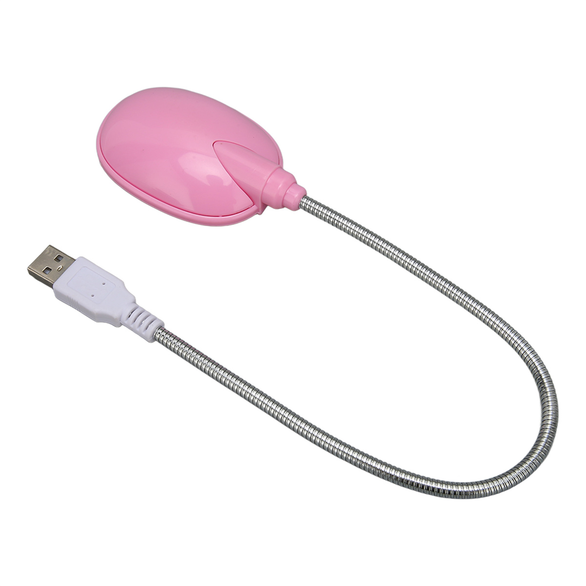 Rosafarbene, USB-betriebene flexible Nackenlampe mit USB-Anschluss, auf weißem Hintergrund.