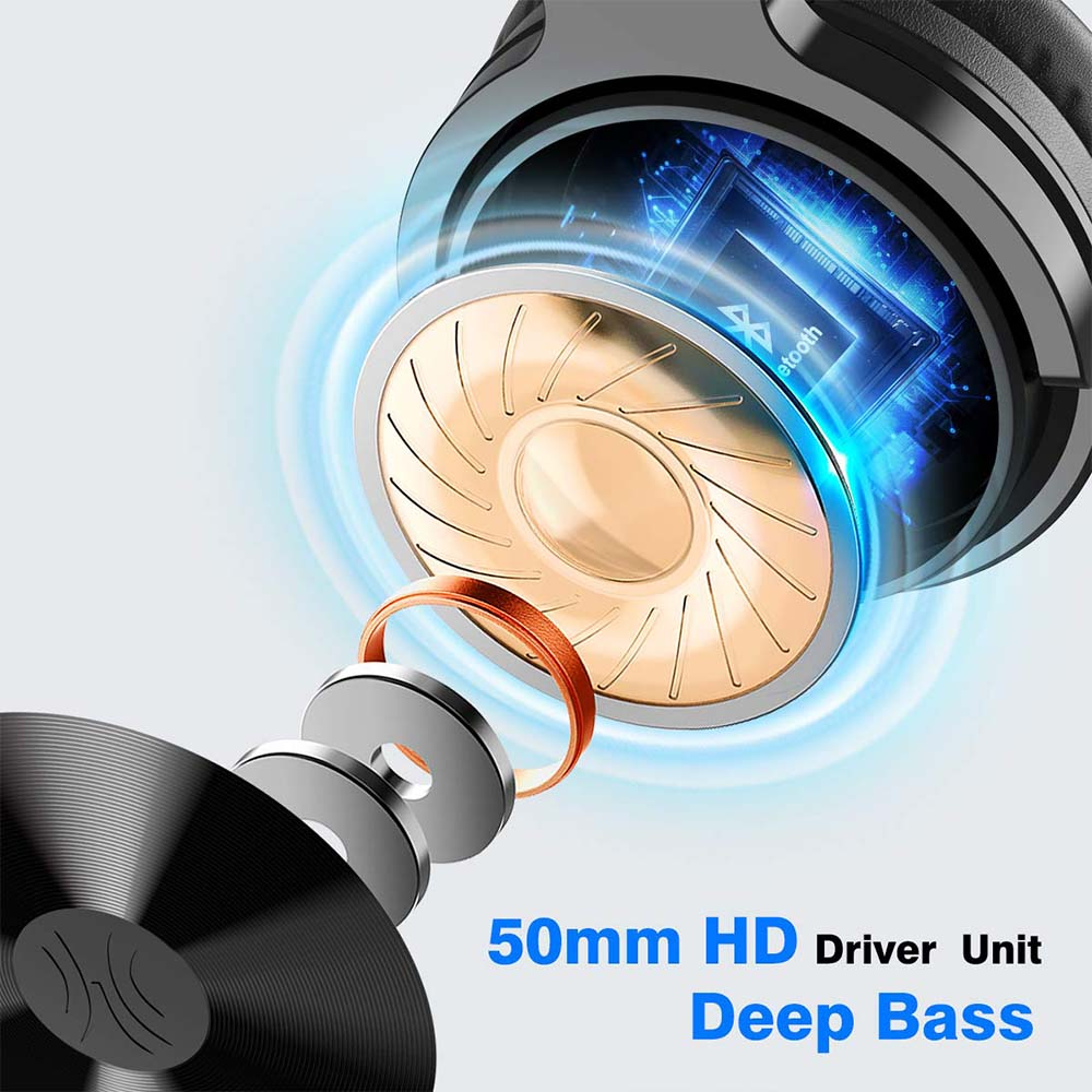 Kopfhörerkomponente mit Gold- und Silberteilen. Text: 50mm HD-Treibereinheit, Tiefbass. Bluetooth.
