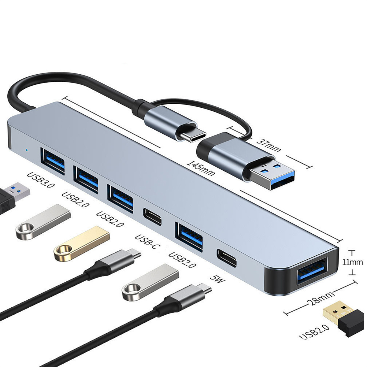 Seitenansicht von zwei dunklen Laptops, offen und geschlossen, mit Anschlüssen und Details.