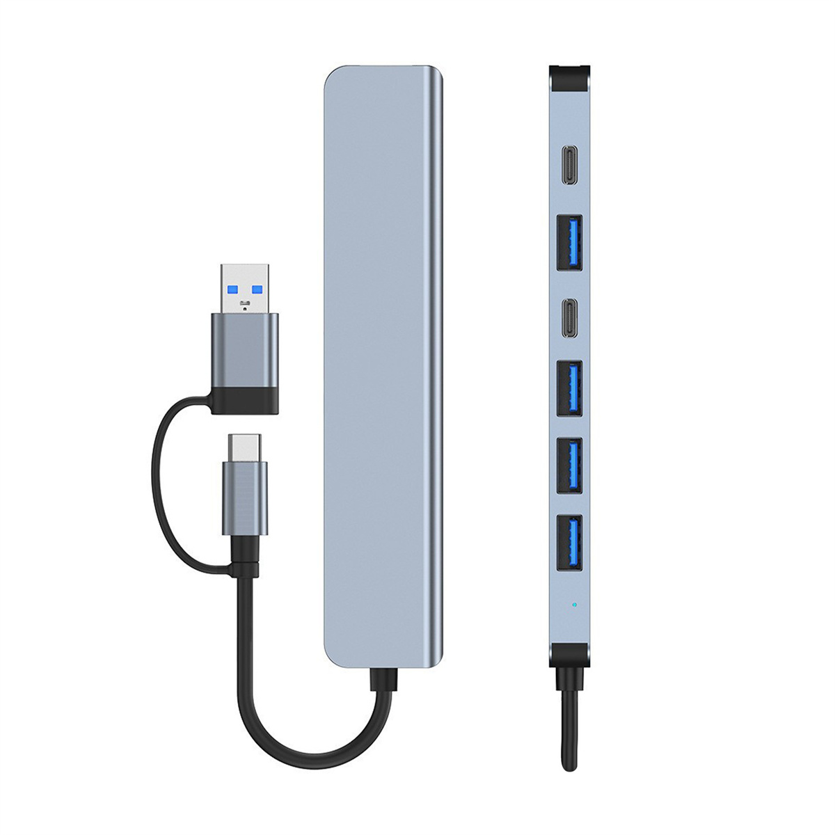 Ein silberner USB-Hub mit mehreren Anschlüssen. Er hat zwei Anschlüsse, einen USB und einen USB-C.