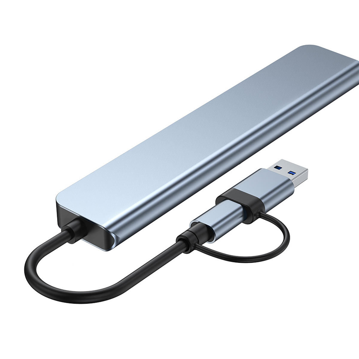 Blauer USB-Hub mit einem USB-A-Kabel. Der Hub ist silberfarben und das Kabel ist schwarz.