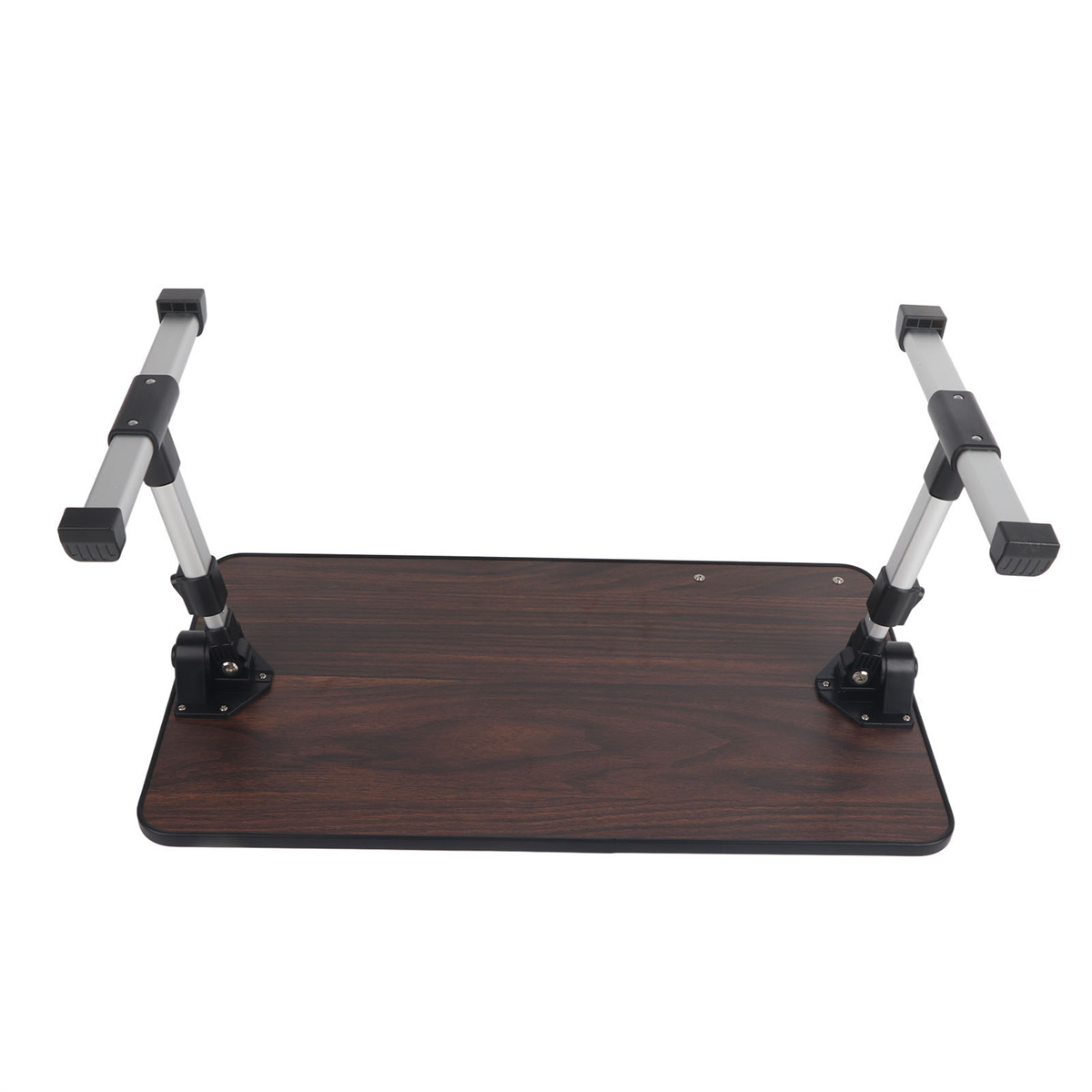 Laptop-Tablett aus Holz mit verstellbaren Beinen. Das Tablett ist braun und hat auf jeder Seite zwei silberne Beine.