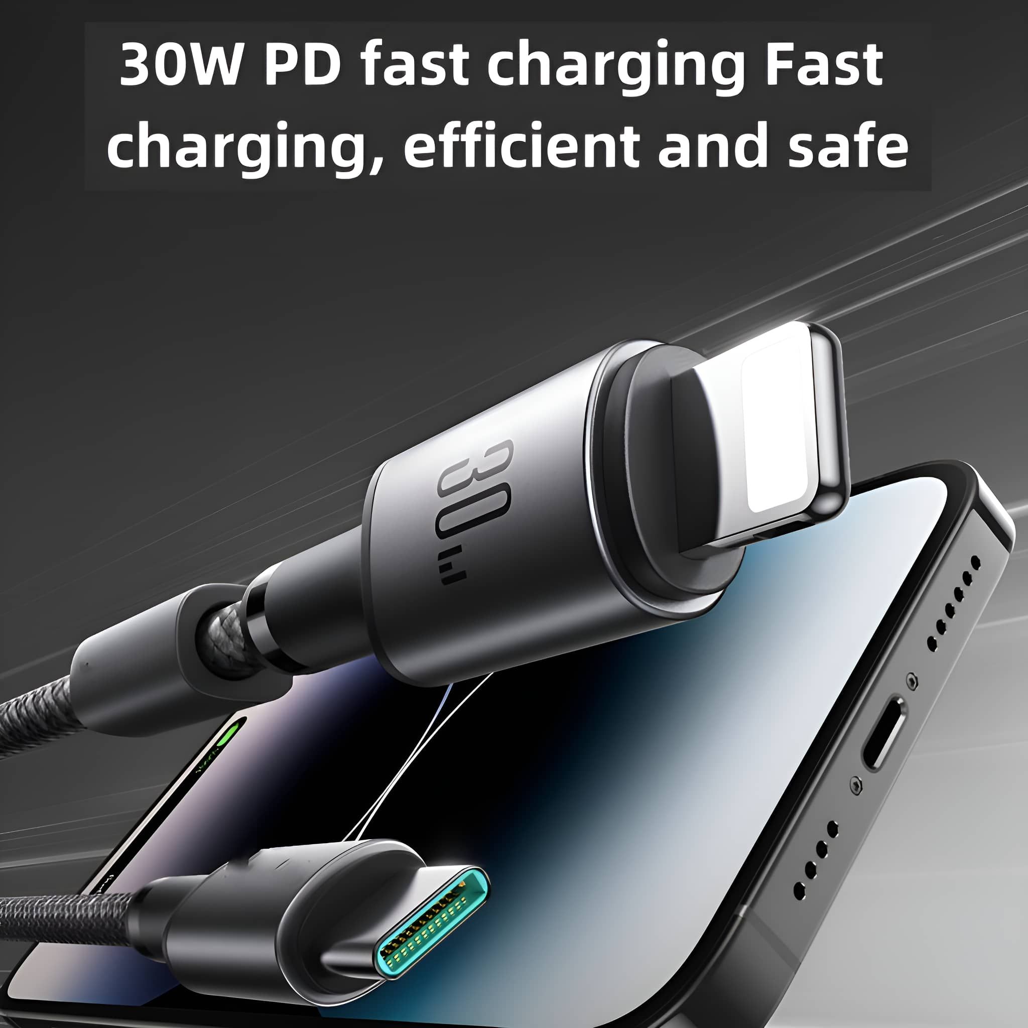 Ein Ladekabel mit USB-C-Anschluss und ein angeschlossenes Telefon.