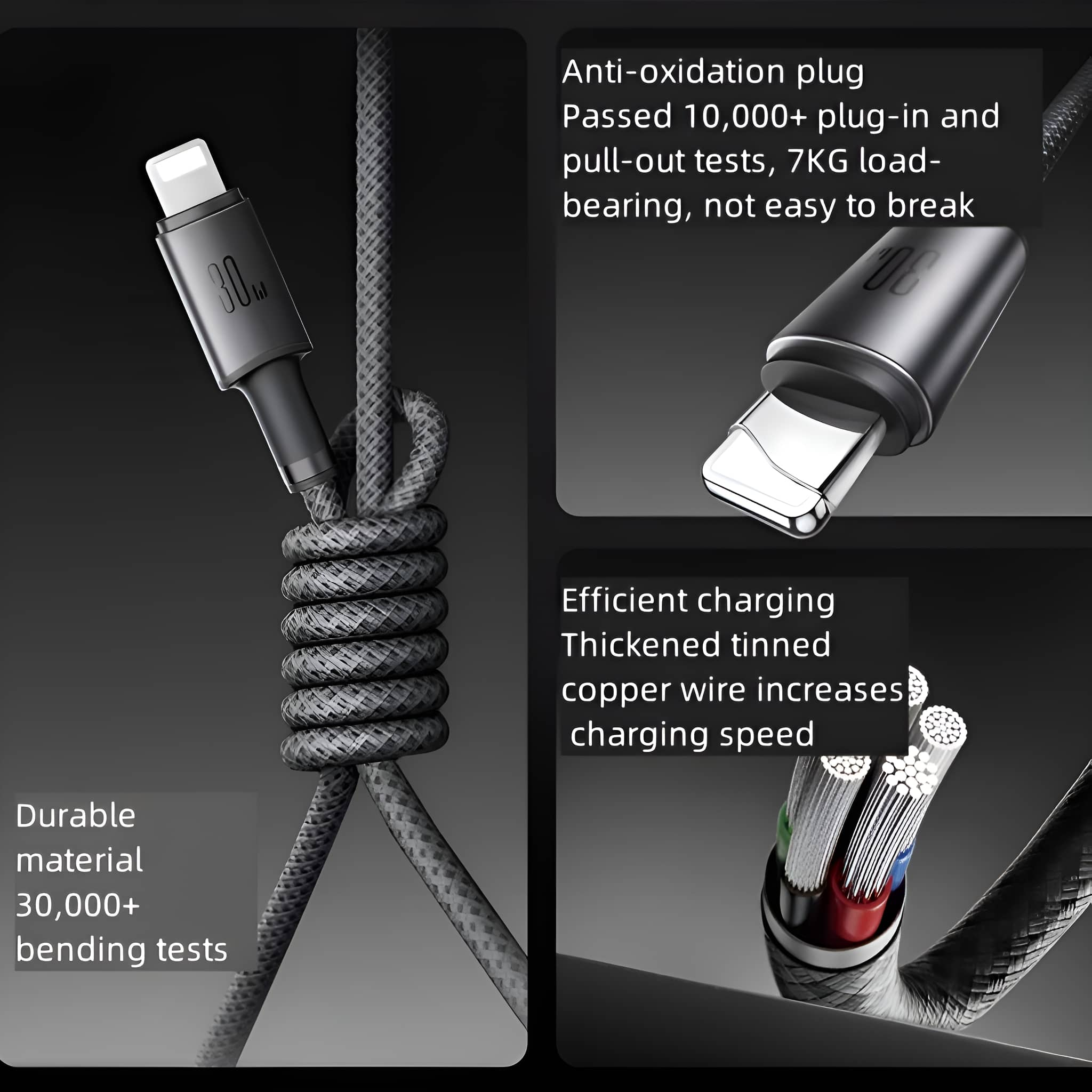 Schwarzes Ladekabel mit grau geflochtenem Design. Der Stecker ist silberfarben, der Hintergrund ist schwarz.