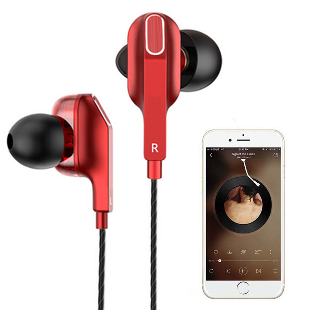 Rote Ohrhörer mit schwarzem Kabel. Ein Smartphone zeigt den Song 'Sign of the Times'.