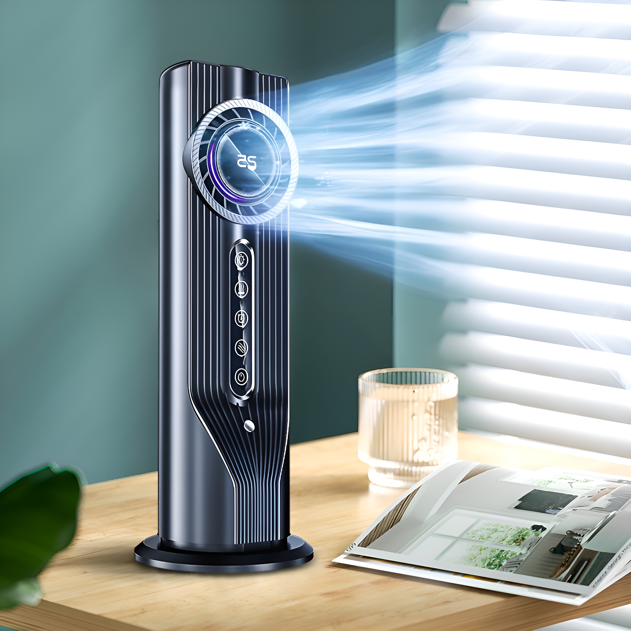 Ein schwarzer Turmventilator mit LED-Anzeige. Er steht auf einem Holztisch mit Glas und Zeitschrift.