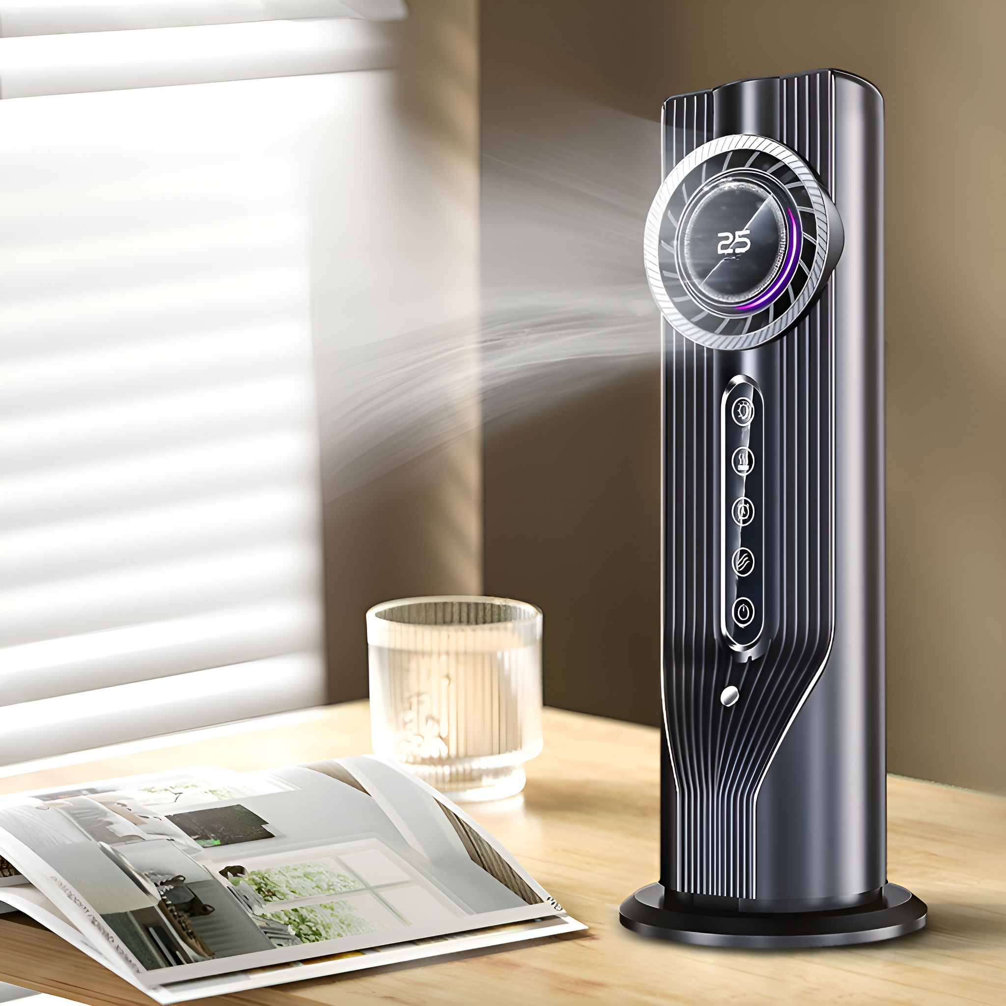 Schwarzer Luftreiniger-Ventilator auf einem Holztisch neben einem Glas.