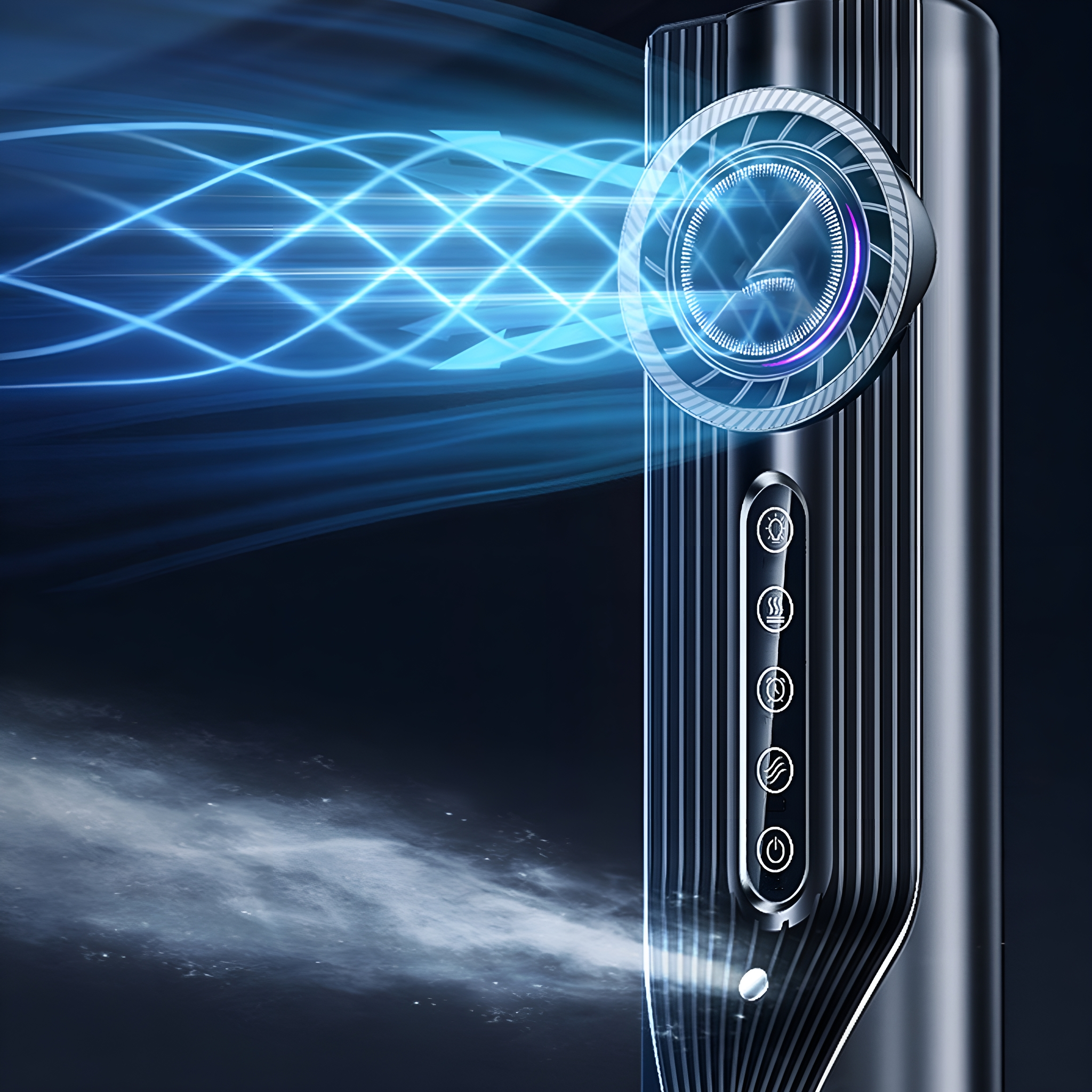 Schwarzer und silberner Ventilator mit blauen Luftstromlinien, mit dunklem Hintergrund.