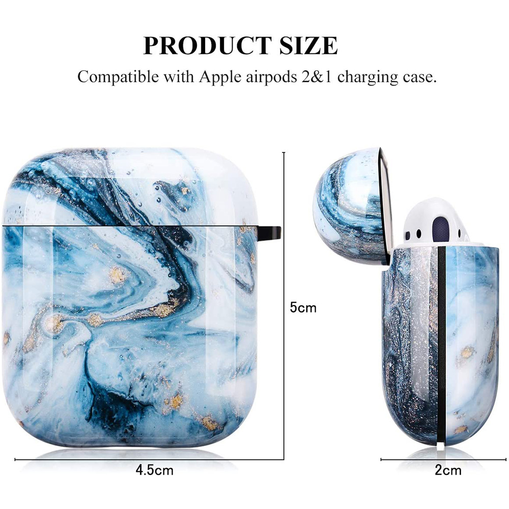 Marmor-AirPods-Etui, 4,5x5cm, und ein offenes Etui mit einem AirPod. Abmessungen werden angezeigt.