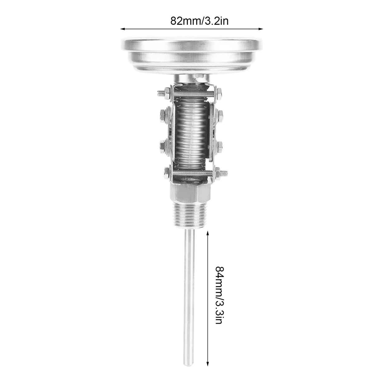 Ein Metallthermometer mit Messgerät und langer Sonde, mit Maßangaben in mm/Zoll.