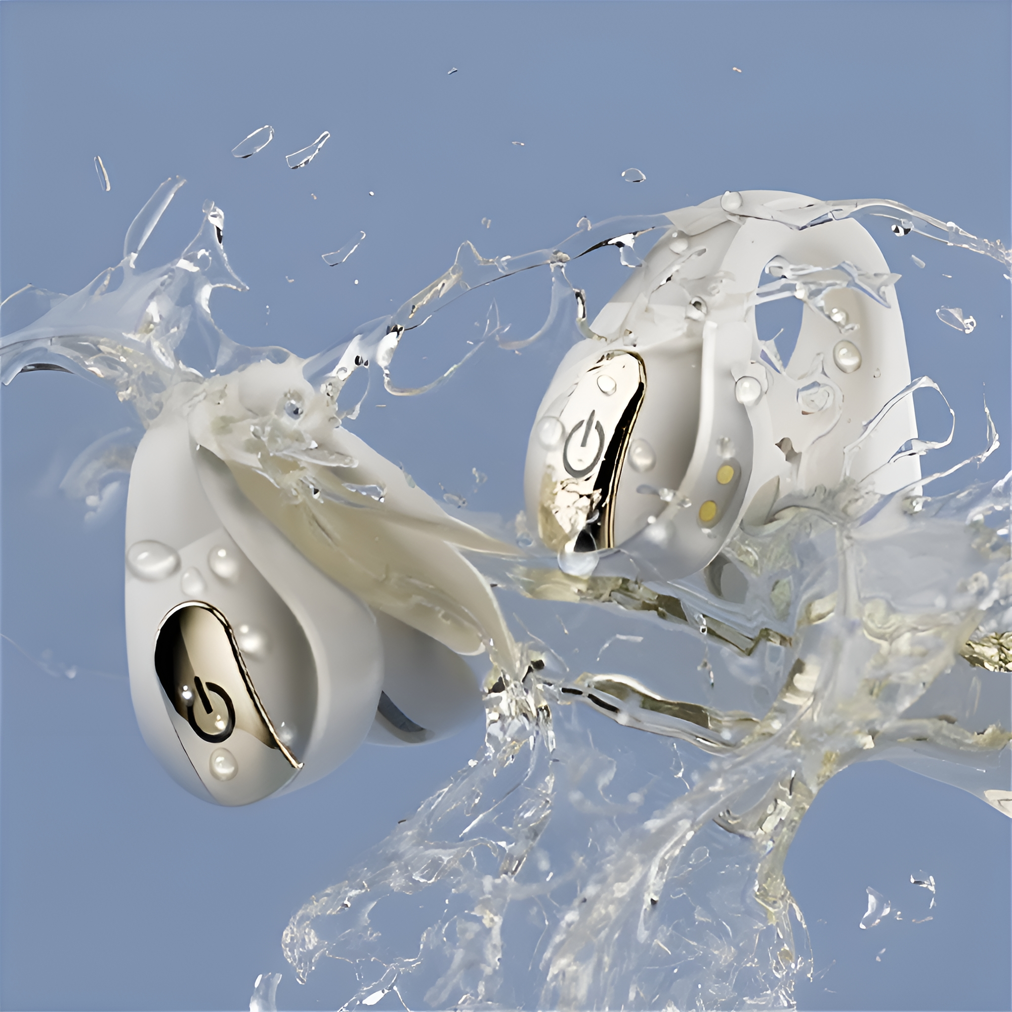 Zwei weiße Ohrhörer mit goldenen Akzenten im Wasserspritzer vor blauem Hintergrund. Wassertropfen sind vorhanden.
