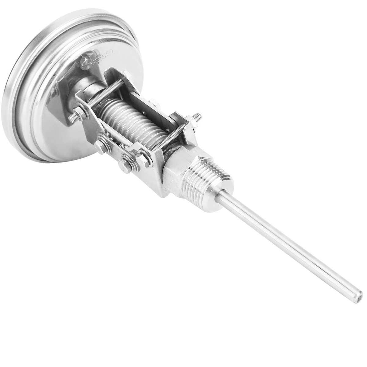 Ein Metallthermometer mit einer langen Sonde und einer detaillierten Feder im Inneren.