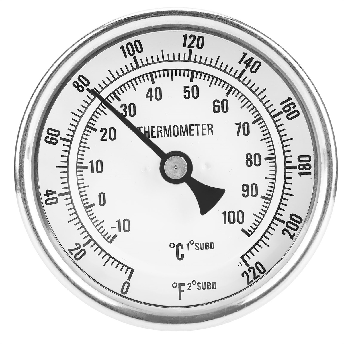 Ein rundes Thermometer mit einer schwarzen Nadel, die auf die Temperatur zeigt und 30 Grad anzeigt.