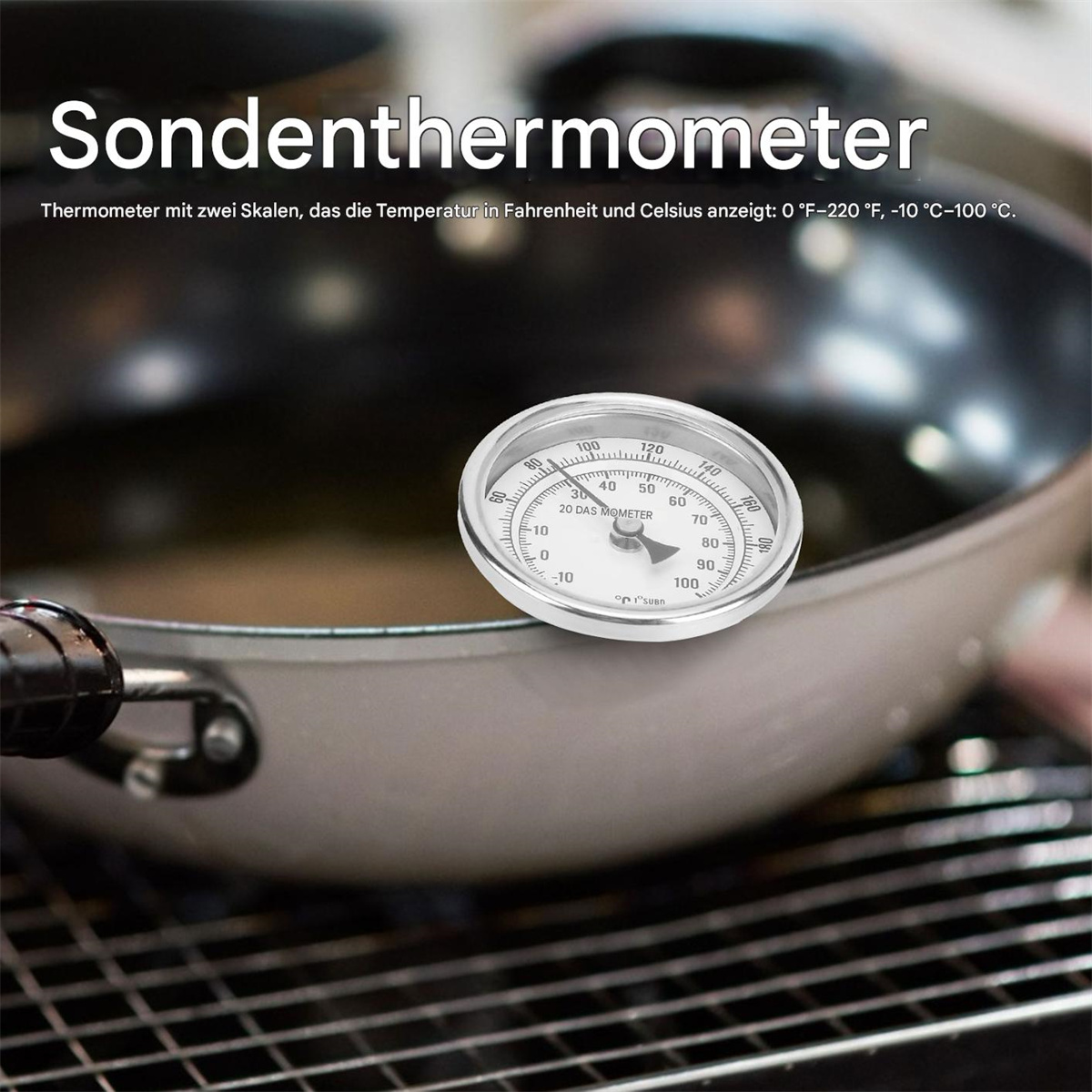 Ein Thermometer in einer Pfanne. Es zeigt Temperaturskalen in Fahrenheit und Celsius.