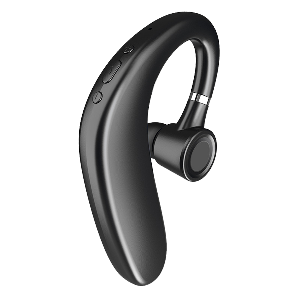 Schwarzes drahtloses Headset mit geschwungenem Design, mit Tasten und einem Lautsprecher.