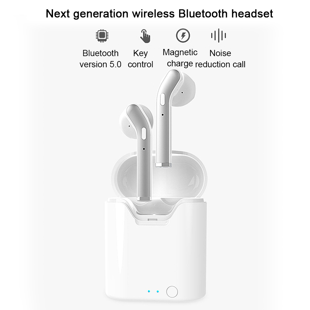 Weiße kabellose Ohrhörer in einem Ladeetui. Text zeigt Funktionen wie Bluetooth 5.0 und Rauschunterdrückung.