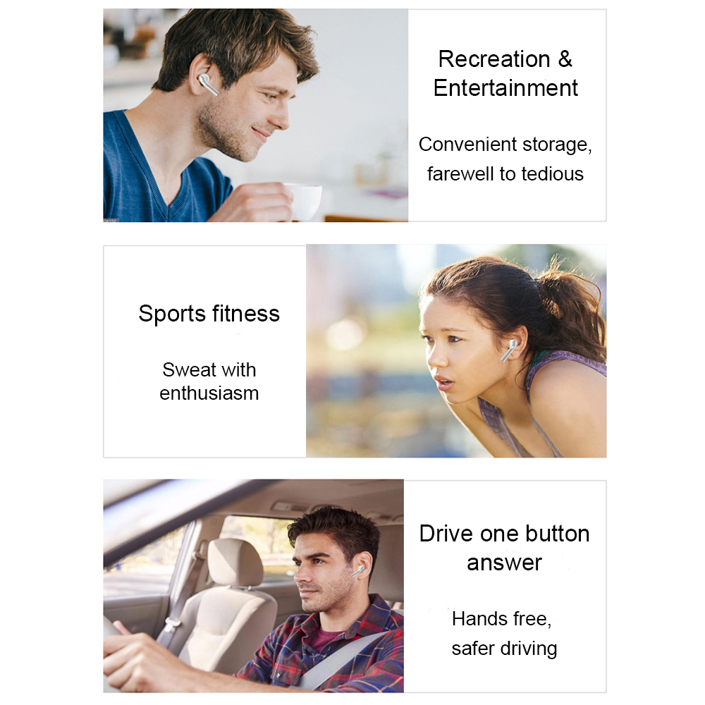 Drei Bilder von Personen, die kabellose Ohrhörer verwenden: Freizeit, Sport und Autofahren. Verschiedene Einstellungen.