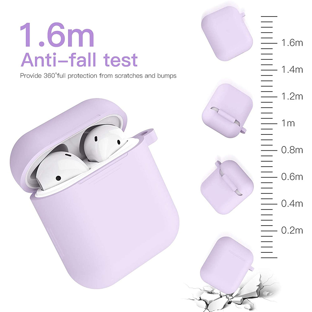 Lila AirPods-Hülle mit weißen AirPods im Inneren, gezeigt mit Messskala, die einen Falltest anzeigt.