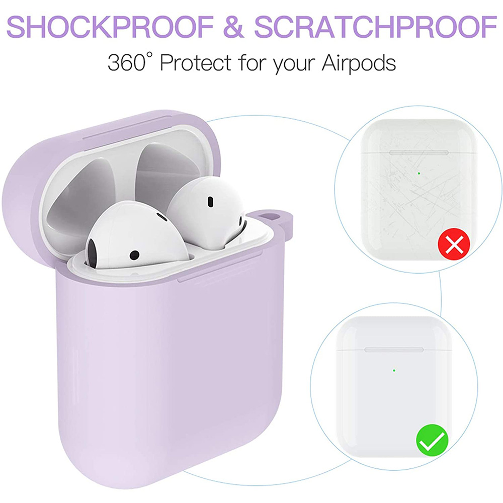 Eine lilafarbene AirPod-Hülle, mit einem Vergleich zu einer zerkratzten weißen Hülle, der den Schutz hervorhebt.