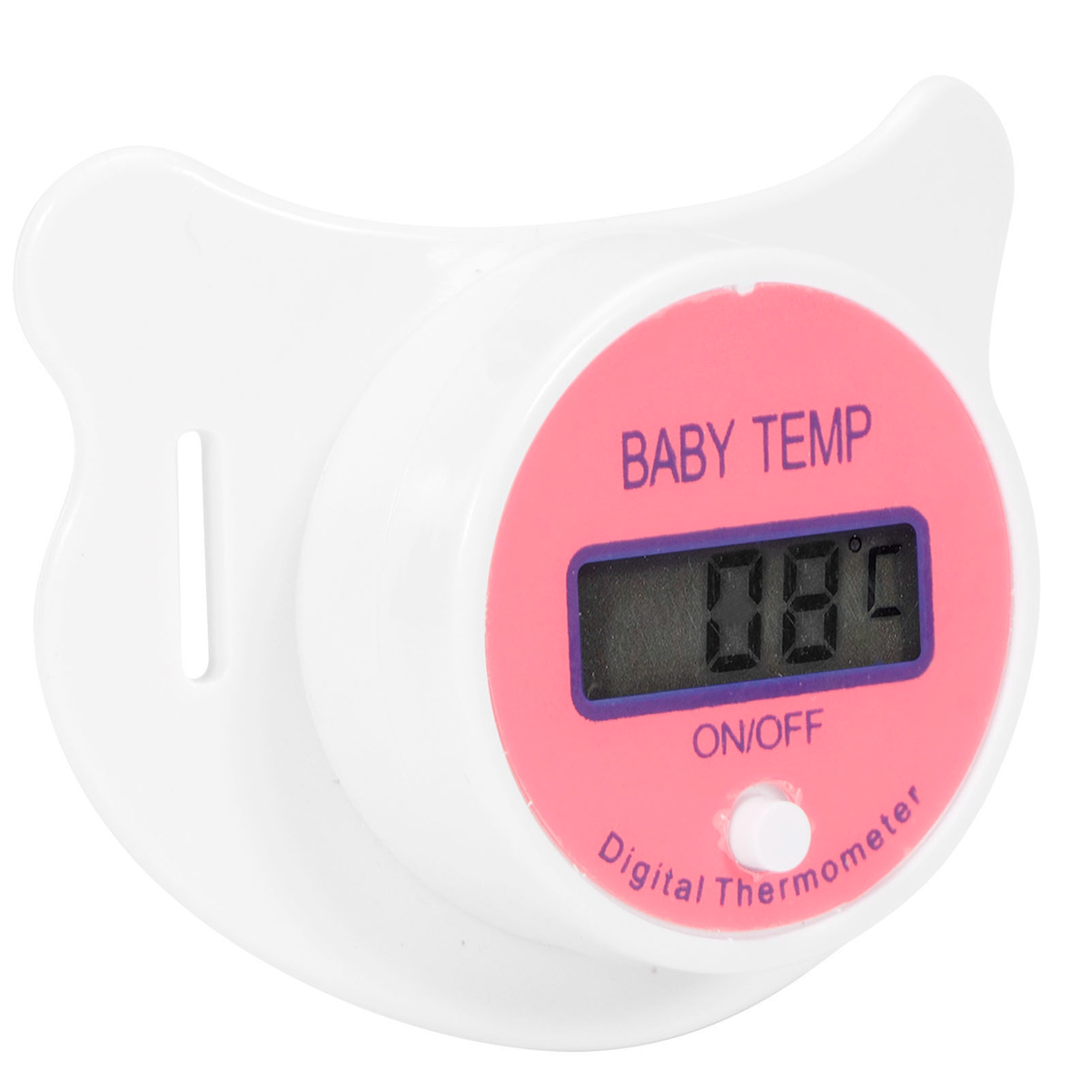 Weißer Schnuller-Thermometer, rosa Mitte mit Digitalanzeige '089', Ein/Aus-Taste.